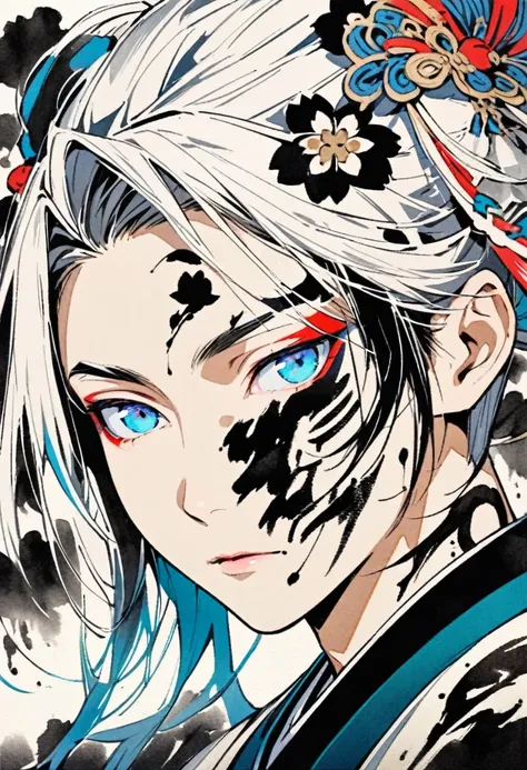 (((Ink Painting))), ((Japanese style)), (((Japanese pattern tattoo on face))), ((boy)) Face close-up, shota face, gorgeous hair accessory,beautiful blue eyes, white hair, Japanese, Bright colors