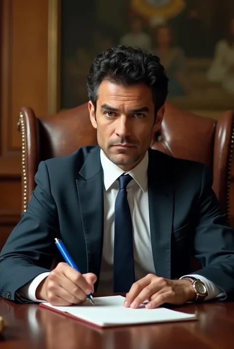 ((best quality)), ((masterpiece)), (detailed), perfect face, man, short curly black hair, 35 years old, no beard, no mustache, determined look, as president of Brazil, Sitting in the presidential chair, signing laws with a blue pen, 