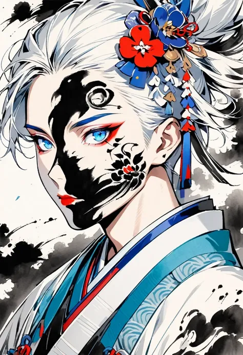 (((Ink Painting))), ((Japanese style)), (((Japanese pattern tattoo on face))), ((boy)) Face close-up, teen face, gorgeous hair accessory,beautiful blue eyes, white hair, Japanese, Bright colors