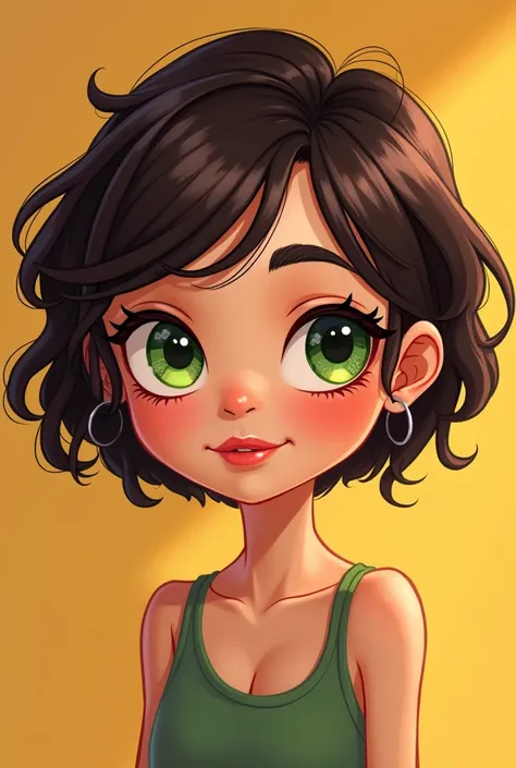 A young woman with short hair, dark brown hair, skin fair, greeneyes. style cartoon 