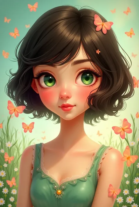 A young woman with short hair, dark brown hair, skin fair, greeneyes. style cartoon 