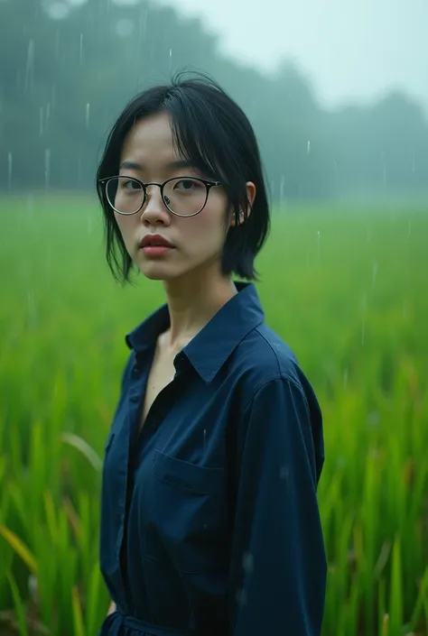 (photorealistic) realistic image of a (Asian woman), (slim build), (short hair), (white skin), (dark eyes), wearing a navy blue shirt, walking in heavy rain with a (serious face), (wearing glasses), capturing a (Kodak color film look), featuring a (grainy ...