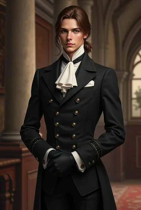 A young man with brown hair tied in a low ponytail over his shoulder, brown eyes with a monocle, dressed in medieval era butler clothes. 