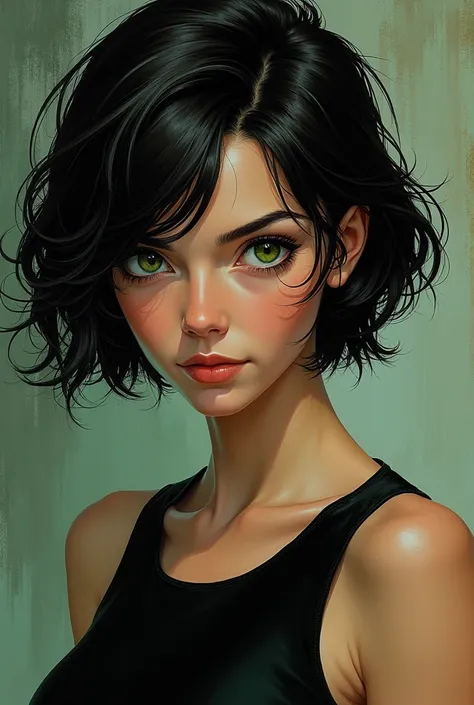 A young woman with short hair, dark brown hair, skin fair, greeneyes. dc comic style