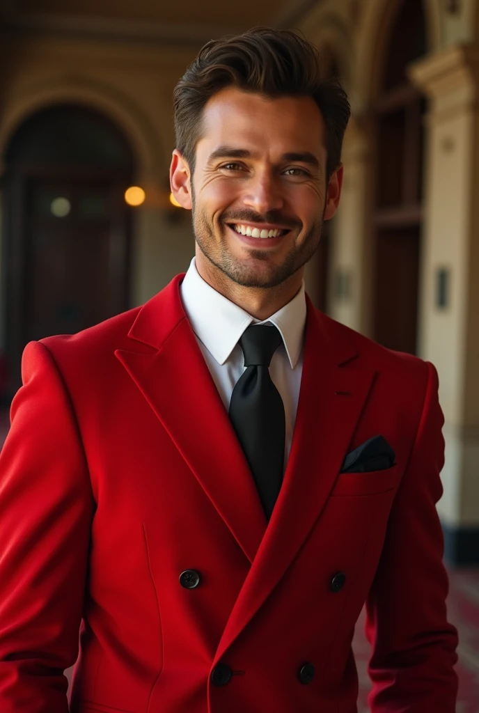 A man in this 30s, red suit, light smile, shot fade-like brownish hair, red eyes, top from the waist, elegant, masculine