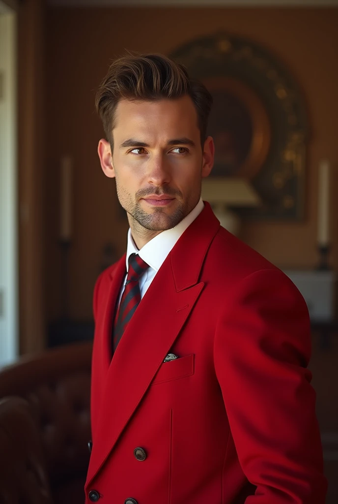 A man in this 30s, red suit, light smile, shot fade-like brownish hair, red eyes, top from the waist, elegant, masculine