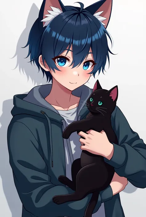 Boy Anime holding a black cat in his arms, anime look of a cute cat, Boy Anime, tall anime guy with blue eyes, anime cat, cute anime cat girl, cute anime catgirl, anime catgirl, boy with cat ears and tail, Anime girl with cat ears, anime wallpaper 4k, Kuvs...