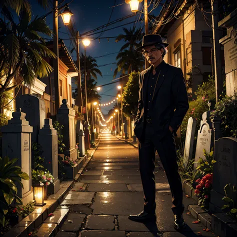 latin street man, cemetery, streets lights, chicano