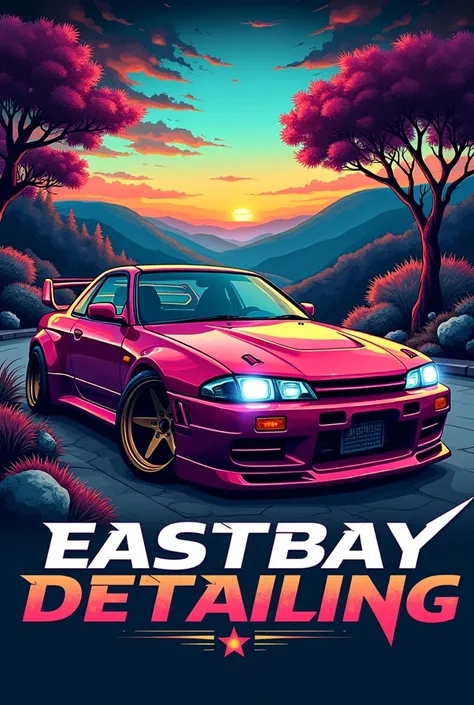 Logo“EastBayDetailing” ,Background East Bay with psychedelic, JDM car, 