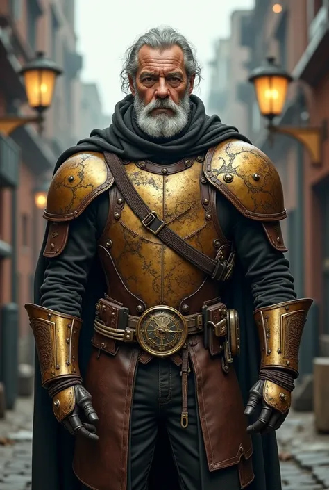 The scene captures a middle-aged Steampunk Master Warrior standing tall amidst the backdrop of an industrial, steam-powered cityscape. His presence commands respect, with years of battle and wisdom etched into his weathered but dignified face. His eyes, a ...