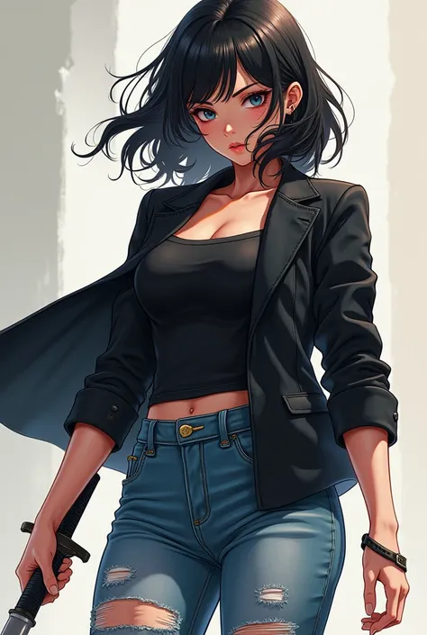 Beautiful girl with wavy short hair, black jacket, ripped jeans, plump, holding a sword, anime