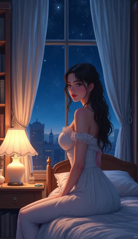 best quality, (masterpiece:1.2), illustration, absurdres, (1girl, solo), (beautiful detailed girl), ((upper body, portrait)),, large breasts, looking at viewer,, inside elegant bedroom, night, window, curtain, starry sky, lamp, bookcase, nightstand, vase, ...