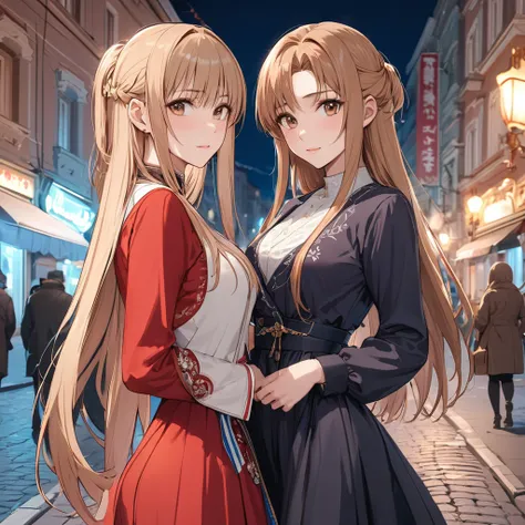 ((Highest quality)), ((masterpiece)), (detailed), （Perfect Face）、The woman is Yuuki Asuna, a Russian with light brown, semi-long hair.、In the streets of Russia, women are beautifully dressed in everyday Russian clothing and luxurious accessories.