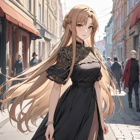 ((Highest quality)), ((masterpiece)), (detailed), （Perfect Face）、The woman is Yuuki Asuna, a Russian with light brown, semi-long hair.、In the streets of Russia, women are beautifully dressed in everyday Russian clothing and luxurious accessories.