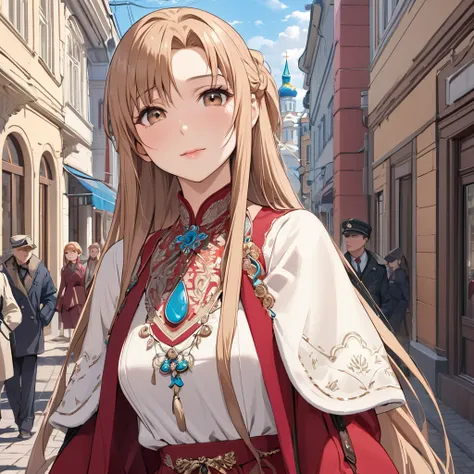 ((Highest quality)), ((masterpiece)), (detailed), （Perfect Face）、The woman is Yuuki Asuna, a Russian with light brown, semi-long hair.、In the streets of Russia, women are beautifully dressed in everyday Russian clothing and luxurious accessories.