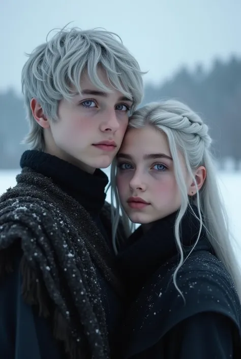 A targaryen teenager boy with 17 years with silver short hair and purple eyes and a 25 years woman with silver long hair and purple eyes, black clothes; winter scenary, 1boy and 1girl