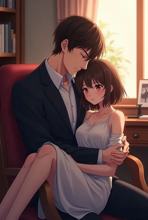 Anime tall brunette male in suit cuddling with his smaller brunette girlfriend who is sitting on his lap in his office 