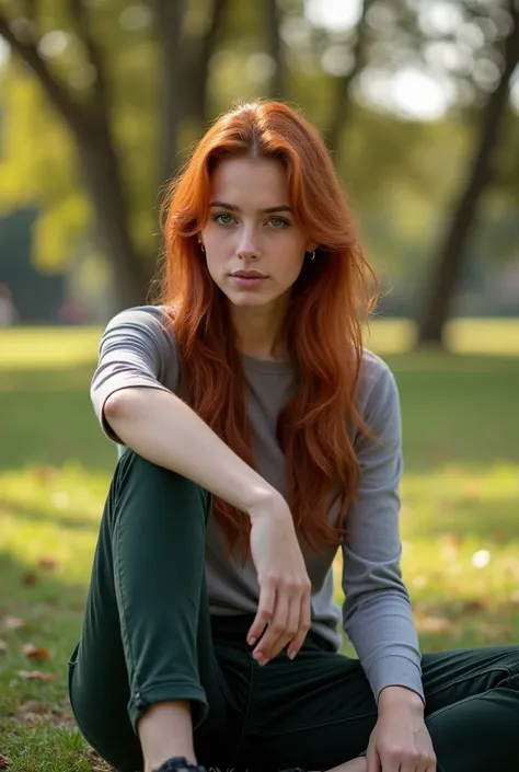 young woman 25 years old, copper colored hair and white skin, She is sitting in a park, photo taken from afar 