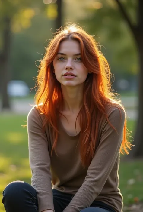 young woman 25 years old, copper colored hair and white skin, She is sitting in a park, photo taken from afar 