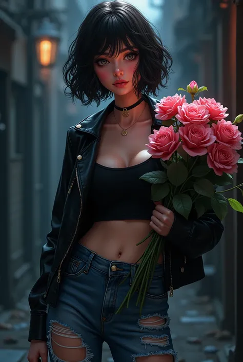 Beautiful girl with wavy short hair, black jacket, ripped jeans, plump, bring flowers, anime, background dark