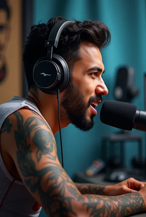 Create an image of a Mexican YouTuber who has tattoos, that he has headphones on his head and is speaking into a podcast microphone, the image that is profile