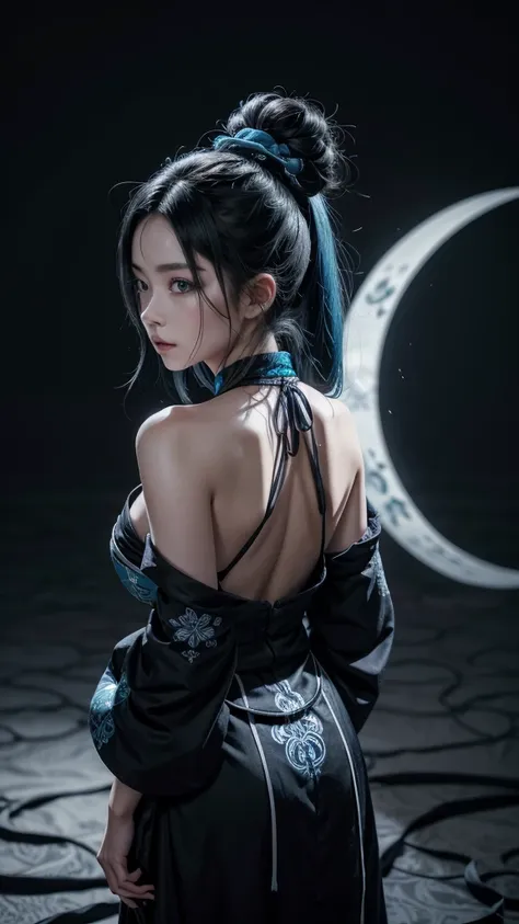 Screenshot from Kimetsu No Yaiba The image shows a mysterious and elegant woman, with long, aqua blue hair cascading down her back, with black locks that intertwine with the blue. His face is completely covered by a mask that is half white and half black w...