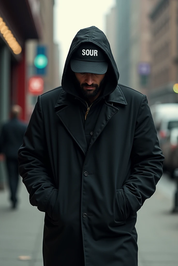 Man walking on the sidewalk, He is wearing a black hooded coat and is hooded, He has a cap that says "SOUR", He has his hands in his pockets and is looking down.