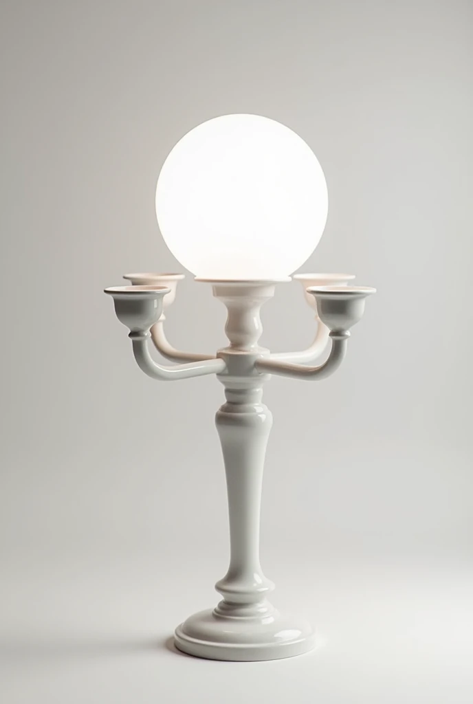 a single-legged five-armed candelabra with a simple design and a spherical top made entirely of white marble