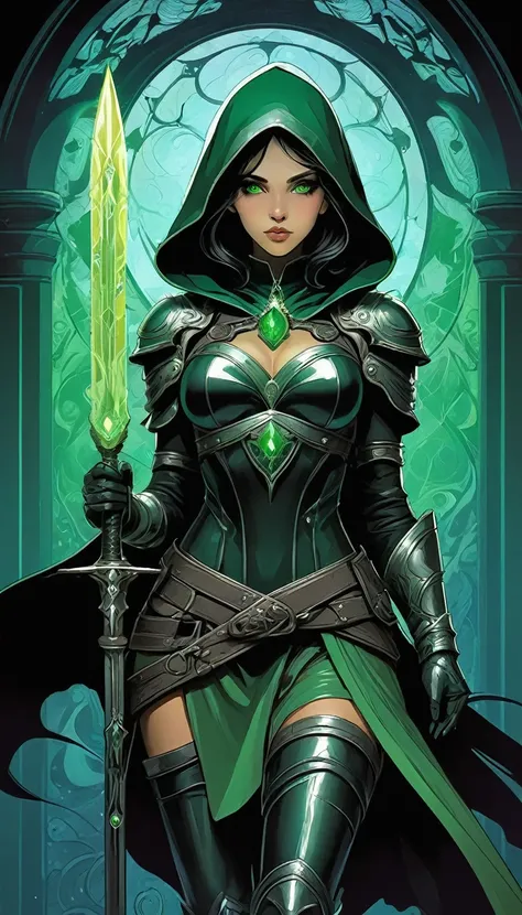 mysterious border, light skinned desi young adult woman, she is wearing rogue armor with the hood taken off, she is wearing metallic boots, she has short black straight hair parted to a side, she has green eyes, no makeup, she is holding a black colored da...