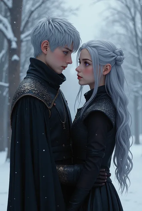 A targaryen teenager boy with 17 years with silver short hair and purple eyes and a 25 years woman with silver long hair and purple eyes, black clothes; winter scenary, 1younger boy and 1older tall girl