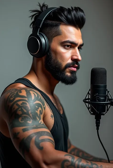 Create an image of a male Mexican YouTuber who has tattoos, that he has headphones on his head and is speaking into a podcast microphone, the image that is profile