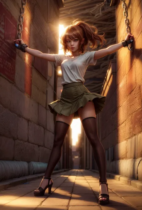 Epic Baby redhead girl in a short skirt and high heels chained to the wall, female protagonist 👀 :8, standing in an alleyway, pantyhose. tall, in an photorealistic style, leaning on the wall, full body photoshot, wallpaper, wallpaper 8k, photographic conte...