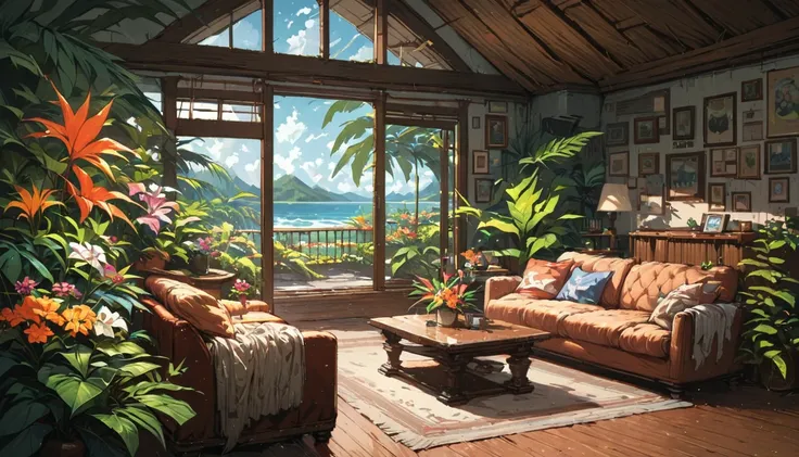 ((anime:1.4,illustration)),(masterpiece, top quality, best quality),(ultra-detailed, absolutely resolution),((16k, high res)), (((St Kitts and Nevis Living Room, living room, morning sky, Airy feeling with vaulted ceilings. Tropical foliage and floral arra...