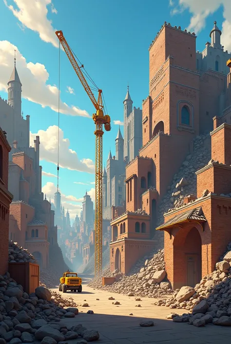 constructions destroied by a virus in disney pixar cartoon style