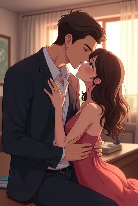 Anime tall brunette male in suit kissing with his smaller brunette girlfriend who is spreading his lap in his office 