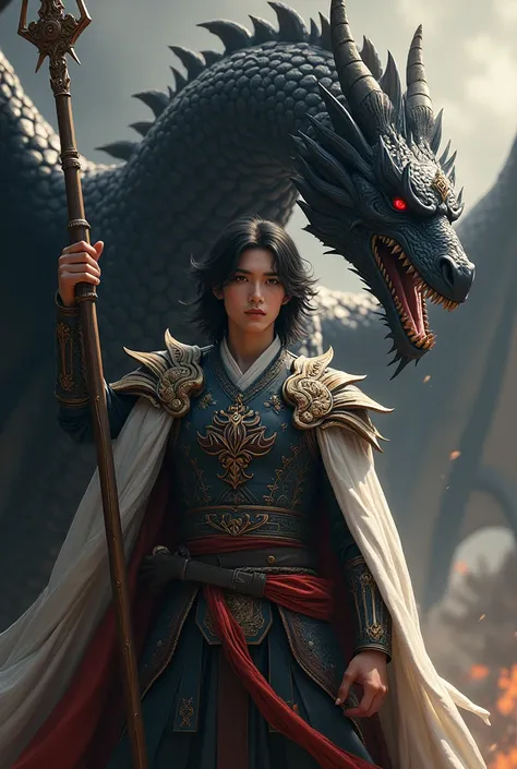 A white-skinned prince, Medium length black hair with red tips. light brown eyes, pink lips and with a black Phoenix Dragon behind him. He will have a warrior outfit and on the chest of his outfit there will be the logo of a dragon head and a wing. The pri...