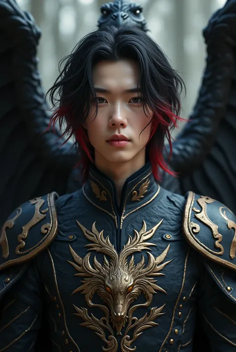 A white-skinned prince, Medium length black hair with red tips. light brown eyes, pink lips and with a black Phoenix Dragon behind him. He will have a warrior outfit and on the chest of his outfit there will be the logo of a dragon head and a wing. The pri...