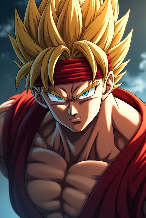 a muscular male with spiky golden hair, red headband, ultra detailed face, piercing blue eyes, sharp jawline, powerful expression, epic anime style, dramatic lighting, cinematic composition, 8k, photorealistic, dramatic colors, vibrant atmospheric lighting