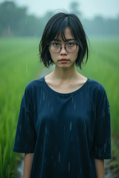 (photorealistic) realistic image of a (Asian woman), (slim build), (short hair), (white skin), (dark eyes), wearing a navy blue long sleeve t-shirt, walking in heavy rain with a (serious face), (wearing glasses), capturing a (Kodak color film look), featur...