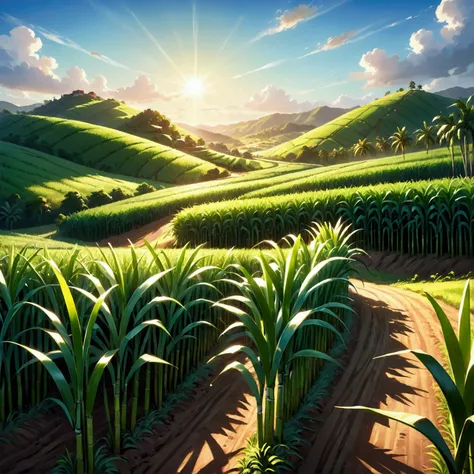 a beautiful cane sugar field, lush green sugar cane stalks, golden sunlight, rolling hills, vibrant colors, photorealistic, highly detailed, 8k, HDR, cinematic lighting, dramatic shadows, warm tones, serene landscape, peaceful atmosphere, nature photograph...