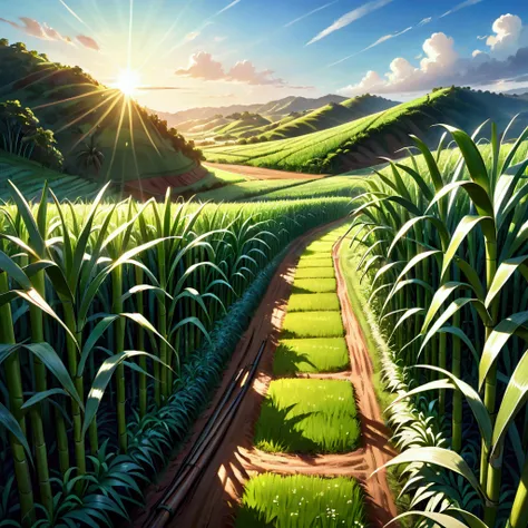 a beautiful cane sugar field, lush green sugar cane stalks, golden sunlight, rolling hills, vibrant colors, photorealistic, highly detailed, 8k, HDR, cinematic lighting, dramatic shadows, warm tones, serene landscape, peaceful atmosphere, nature photograph...