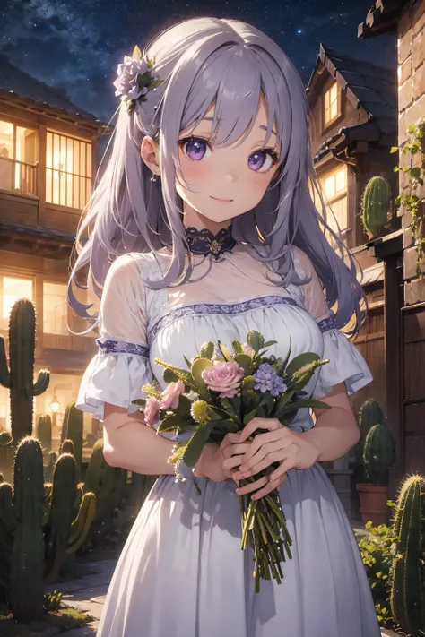 masterpiece, 
Highest quality, Very detailed, Realistic, 
Very delicate and beautiful, 
succulent garden, 
Written boundary depth, 
Professional Lighting,Many big bouquets、Gray Hair、lilac hair eyes、Laughter、、Cat ear、Long sideburns、cactus flower hair orname...