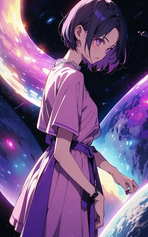 Girl with short purple hair in pink dress, purple space background, Ultra-high image quality, looks away from the camera