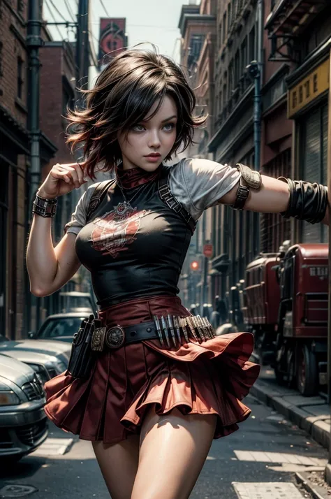 (masterpiece, best quality:1.2), cowboy shot, solo, dynamic pose, 1girl, ruby rose, looking at viewer, t-shirt, skirt, in steampunk city street