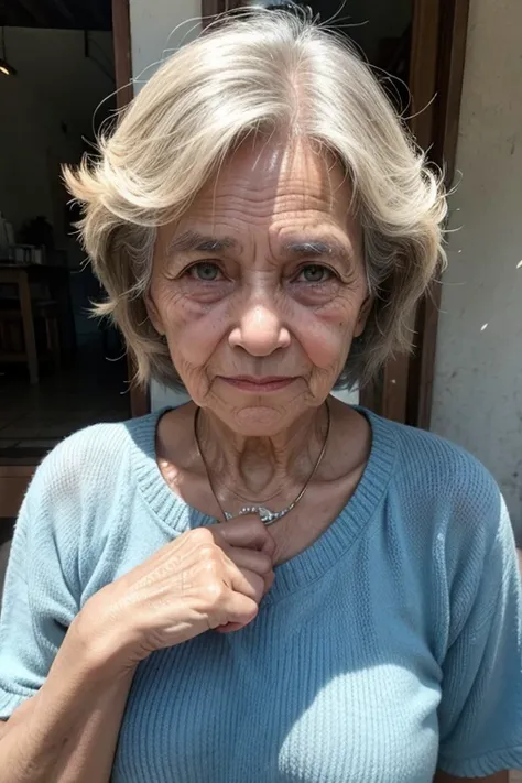 a photo of a friendly old brazilian woman alone