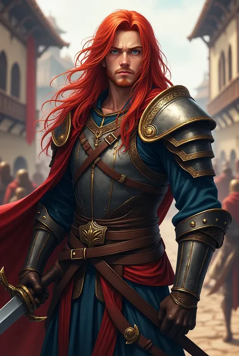 Young man with thin beard and long red hair, clear blue eyes, athletic build, Medieval warrior, realistic anime style 