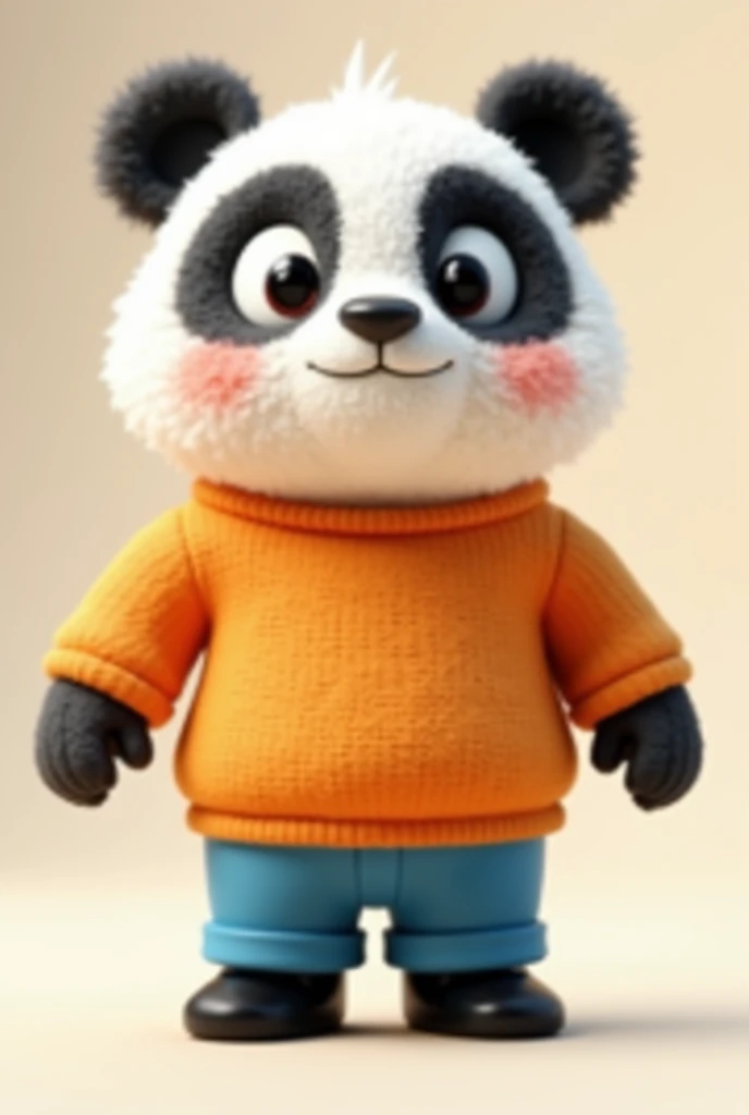 create for me a cute panda bear with an orange sweater and blue shorts 3d