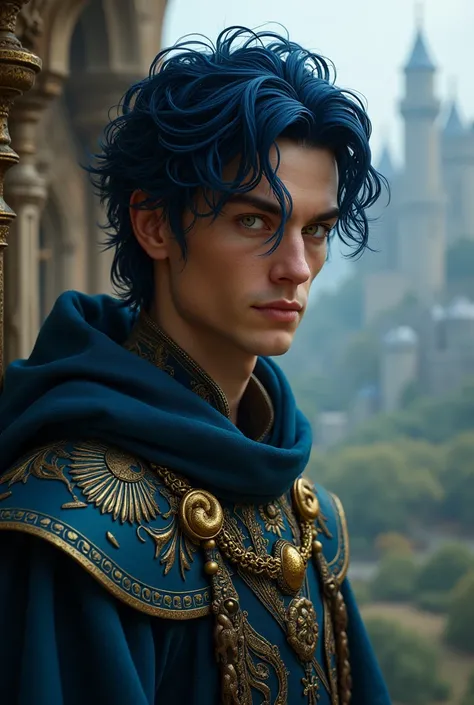 A man with dark blue hair and golden eyes, dressed in medieval era clothing. 