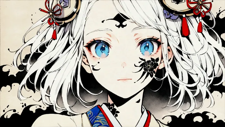 (((Ink Painting))), ((Japanese style)), (((Japanese pattern tattoo on face))), ((boy)) Face close-up, cute face, gorgeous hair accessory, blue eyes, white hair, Japanese, Bright colors