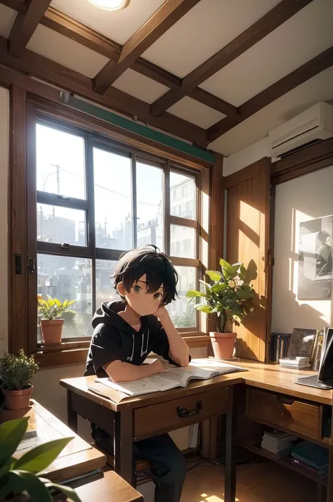 A nighttime scene in a cozy room, with a cityscape visible through the large window in the background. The room is softly lit by a warm, vintage-style desk lamp that casts a gentle glow over a young boy. The boy is seated at a wooden desk, deeply engrossed...